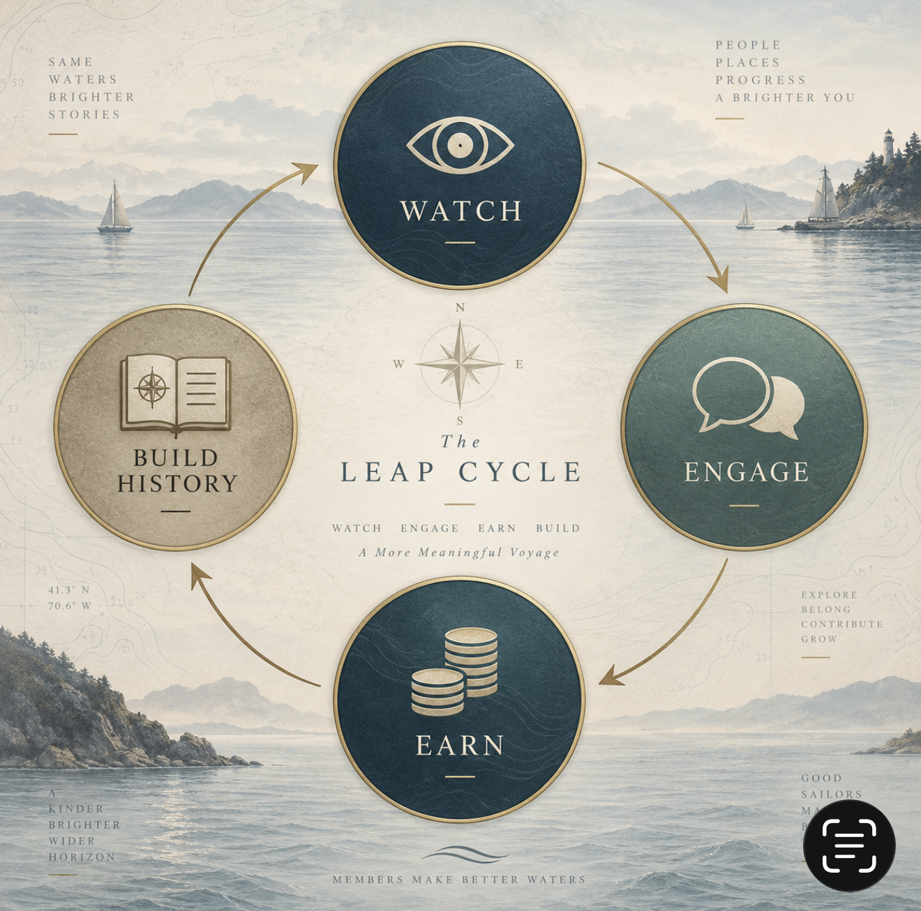 The LEAP participation cycle: Watch, Engage, Earn, Build History, then back to Watch