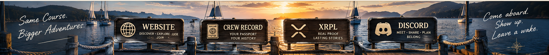 The LEAP journey: Website — Front Door; Crew Record — Passport; XRPL — Logbook; Discord — Yacht Club.